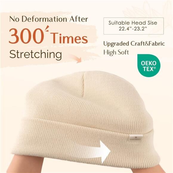 Womens Satin Lined Knit Beanie Hat Beige - Picture 4 of 6